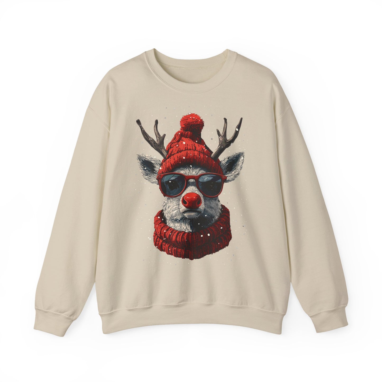 Rudolf Reindeer Sweatshirt — Red Hat & Glasses Holiday Crewneck