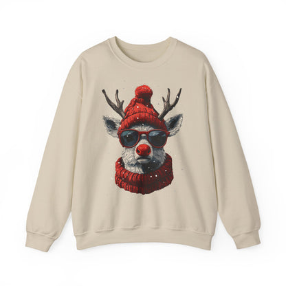 Rudolf Reindeer Sweatshirt — Red Hat & Glasses Holiday Crewneck