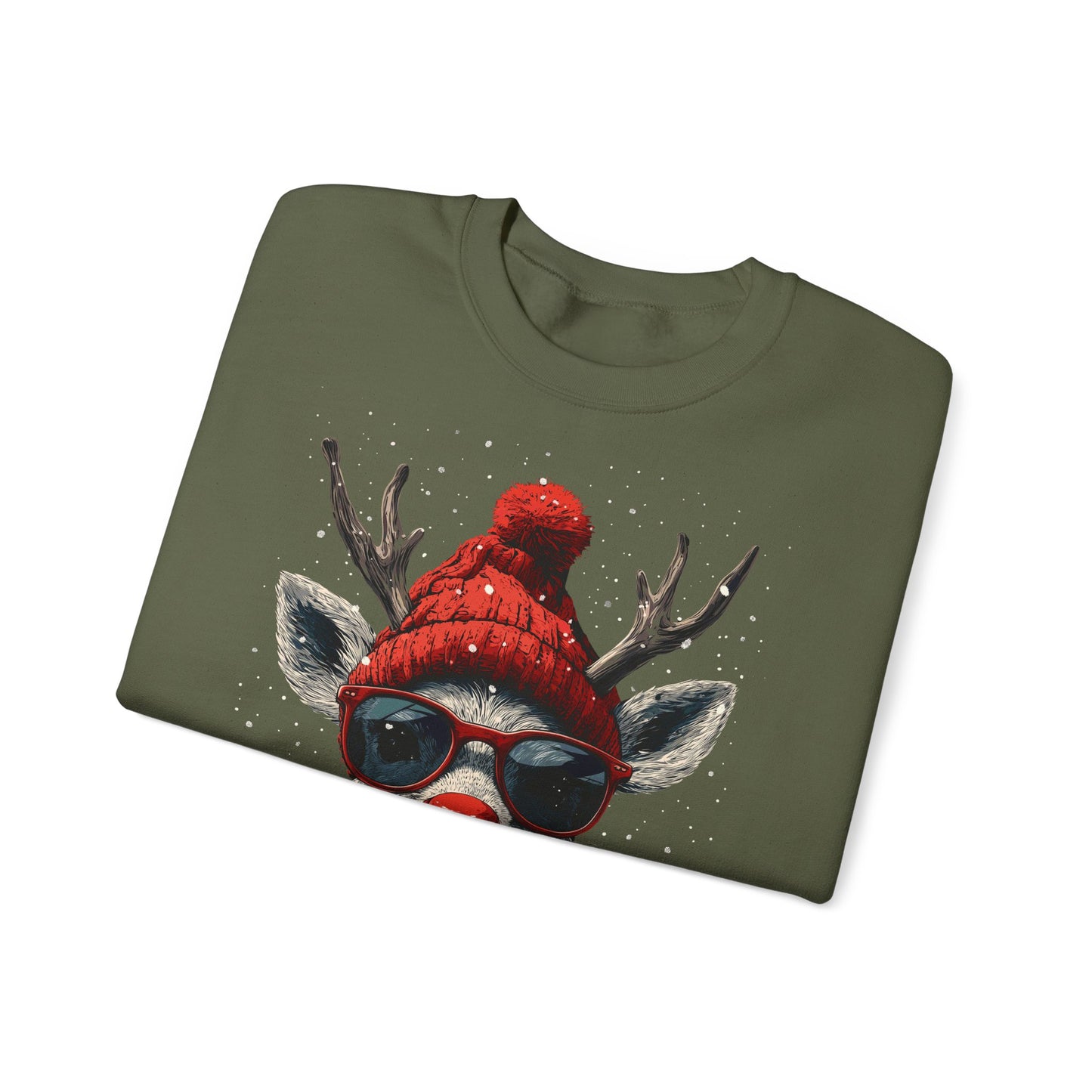 Rudolf Reindeer Sweatshirt — Red Hat & Glasses Holiday Crewneck