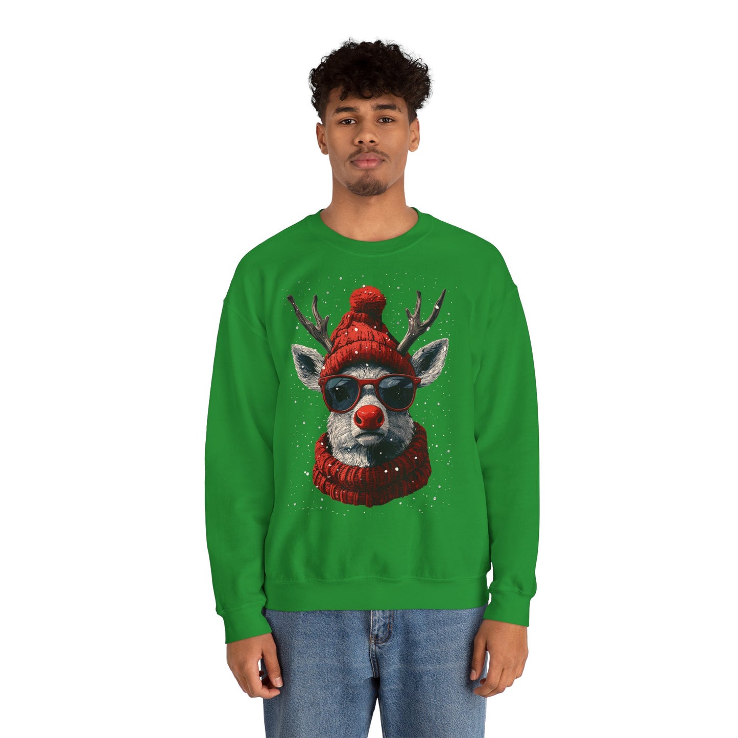 Rudolf Reindeer Sweatshirt — Red Hat & Glasses Holiday Crewneck