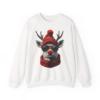 Rudolf Reindeer Sweatshirt — Red Hat & Glasses Holiday Crewneck