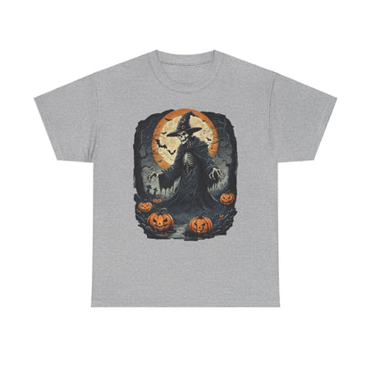 Halloween Pumpkin Skeleton Witch Tee, Spooky Unisex T-Shirt, Fall Season Shirt, Jack-O-Lantern Costume Top, Autumn Witch Theme Apparel