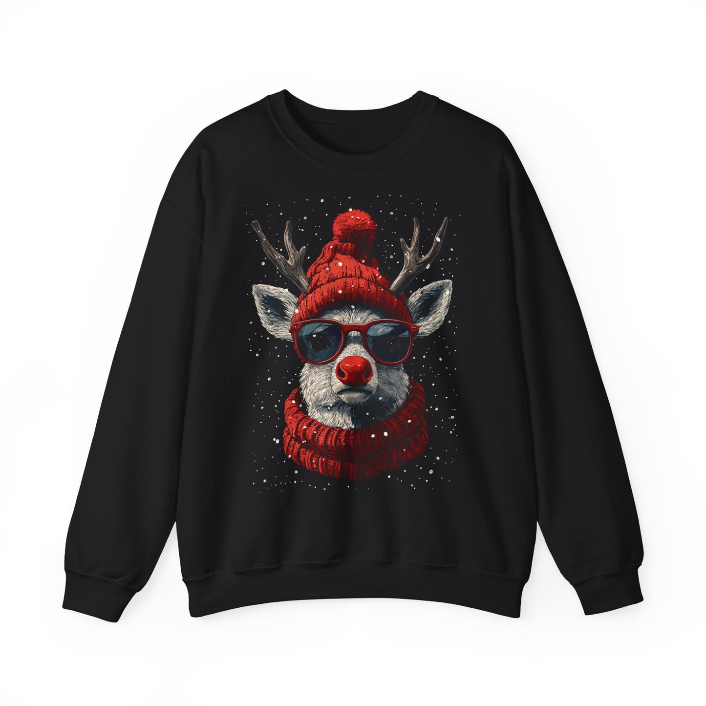 Rudolf Reindeer Sweatshirt — Red Hat & Glasses Holiday Crewneck