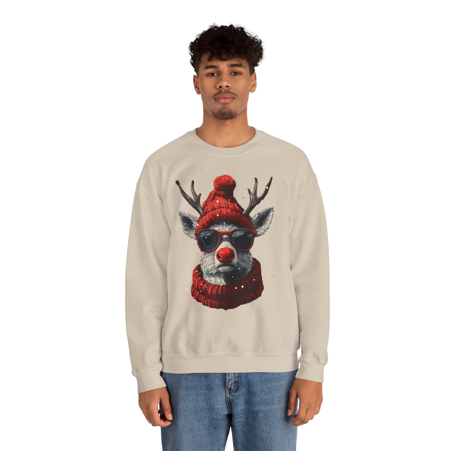 Rudolf Reindeer Sweatshirt — Red Hat & Glasses Holiday Crewneck