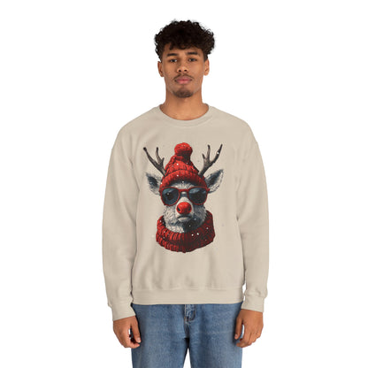 Rudolf Reindeer Sweatshirt — Red Hat & Glasses Holiday Crewneck
