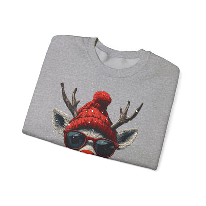 Rudolf Reindeer Sweatshirt — Red Hat & Glasses Holiday Crewneck