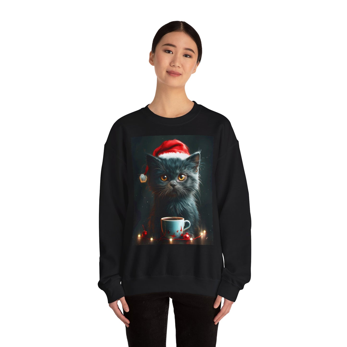 Cute Black X-Mas Kitten Design Crewneck Sweatshirt
