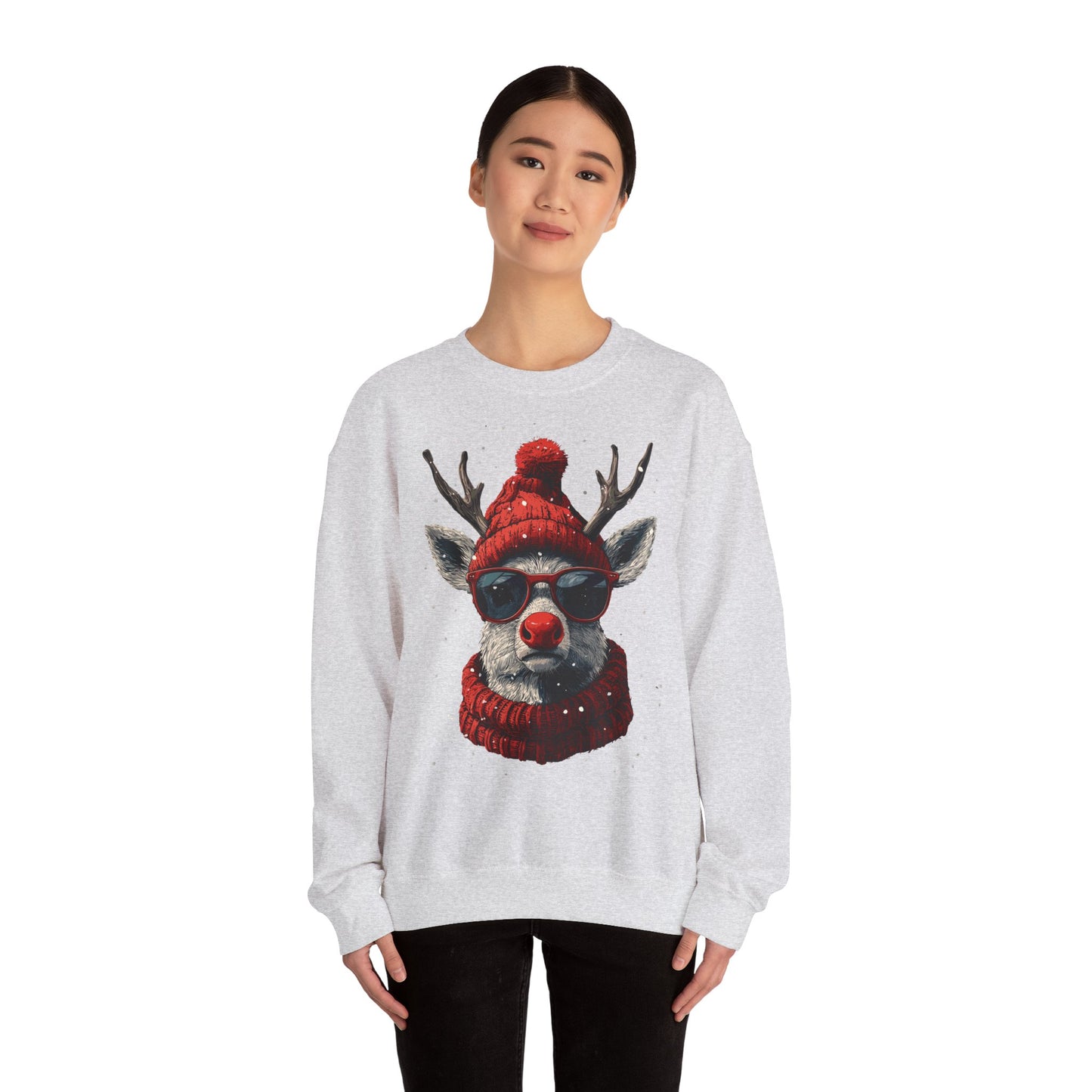 Rudolf Reindeer Sweatshirt — Red Hat & Glasses Holiday Crewneck
