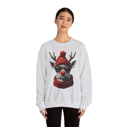 Rudolf Reindeer Sweatshirt — Red Hat & Glasses Holiday Crewneck