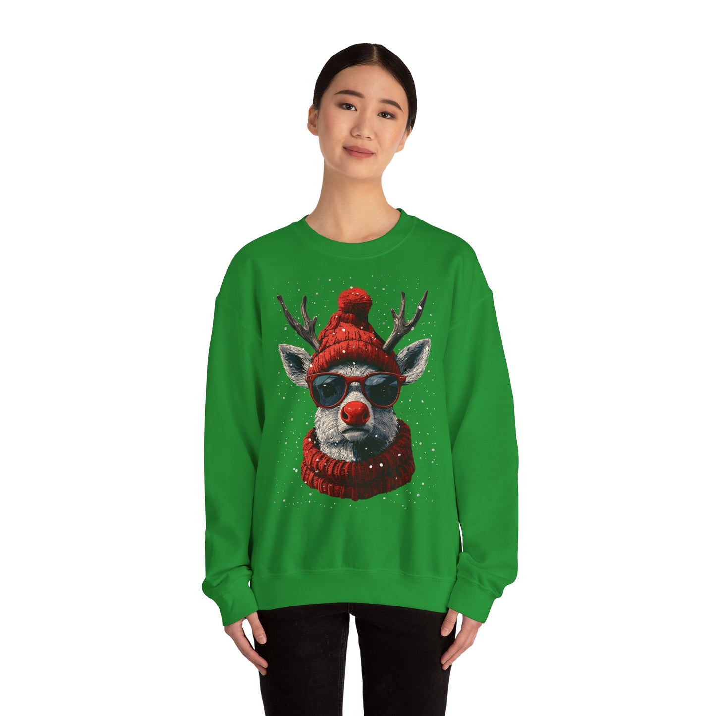 Rudolf Reindeer Sweatshirt — Red Hat & Glasses Holiday Crewneck