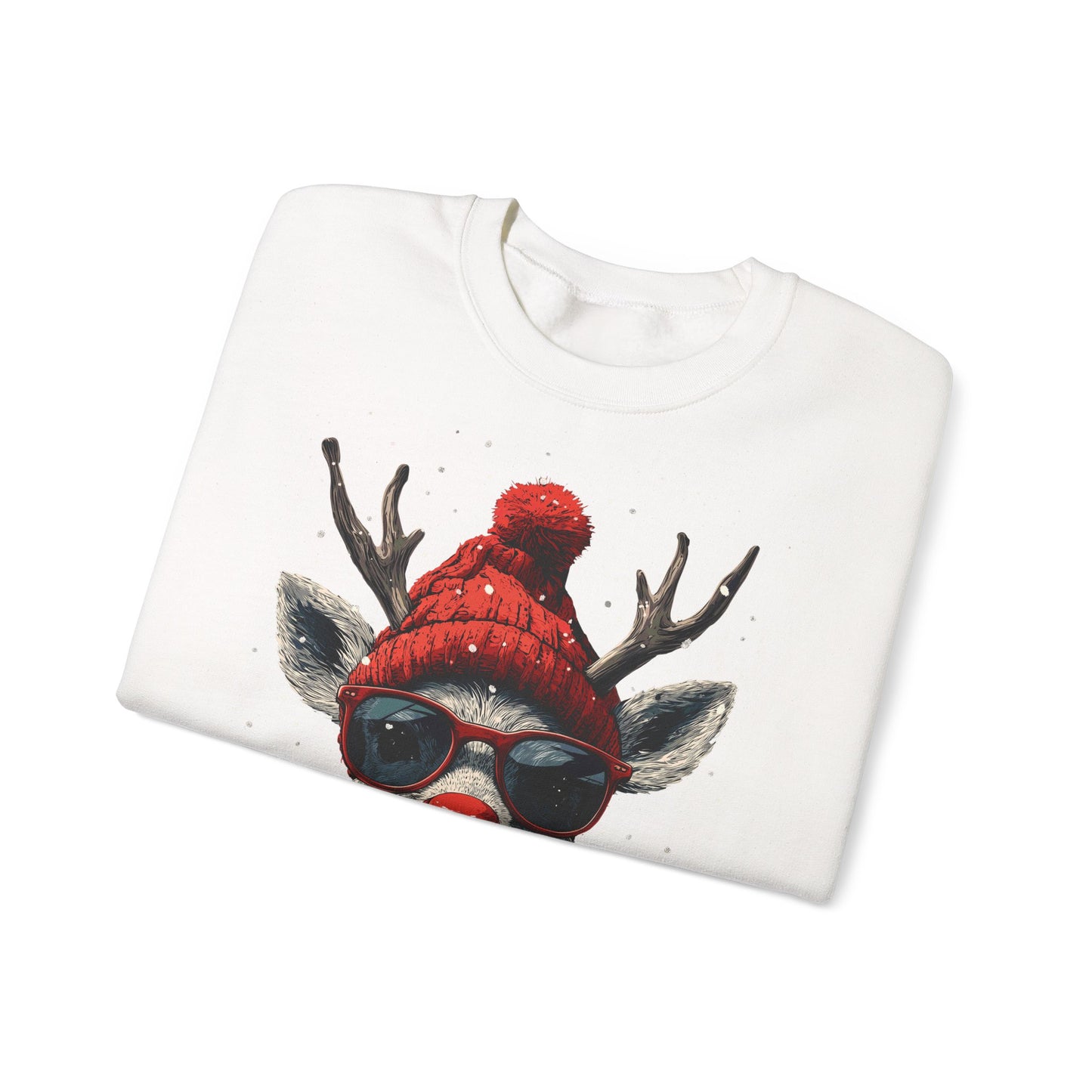 Rudolf Reindeer Sweatshirt — Red Hat & Glasses Holiday Crewneck