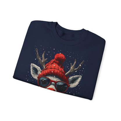 Rudolf Reindeer Sweatshirt — Red Hat & Glasses Holiday Crewneck