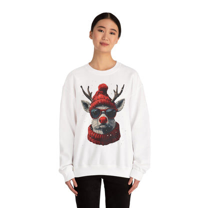 Rudolf Reindeer Sweatshirt — Red Hat & Glasses Holiday Crewneck