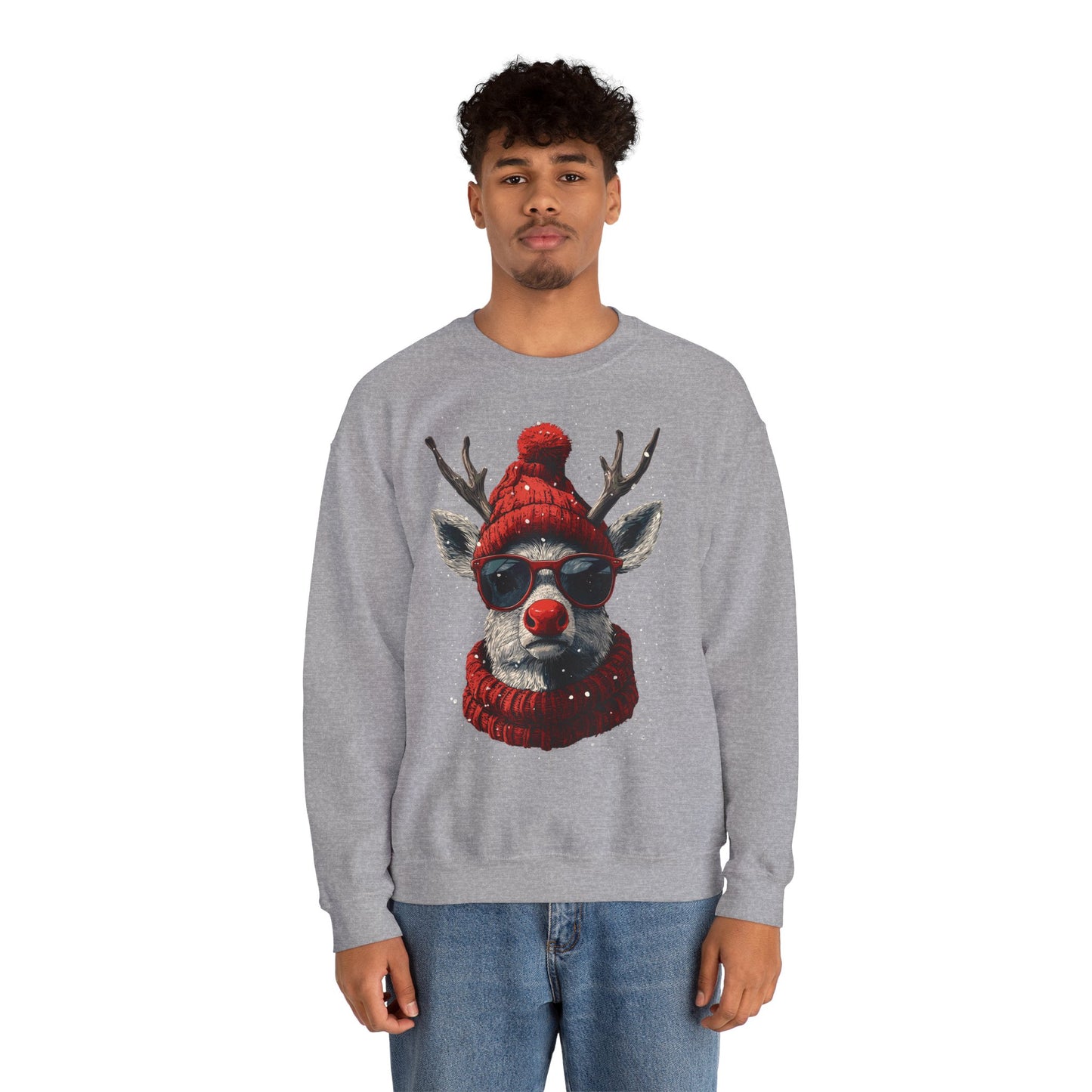 Rudolf Reindeer Sweatshirt — Red Hat & Glasses Holiday Crewneck