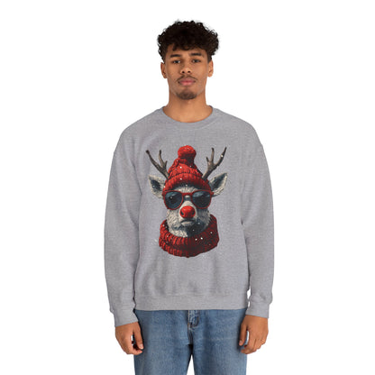 Rudolf Reindeer Sweatshirt — Red Hat & Glasses Holiday Crewneck