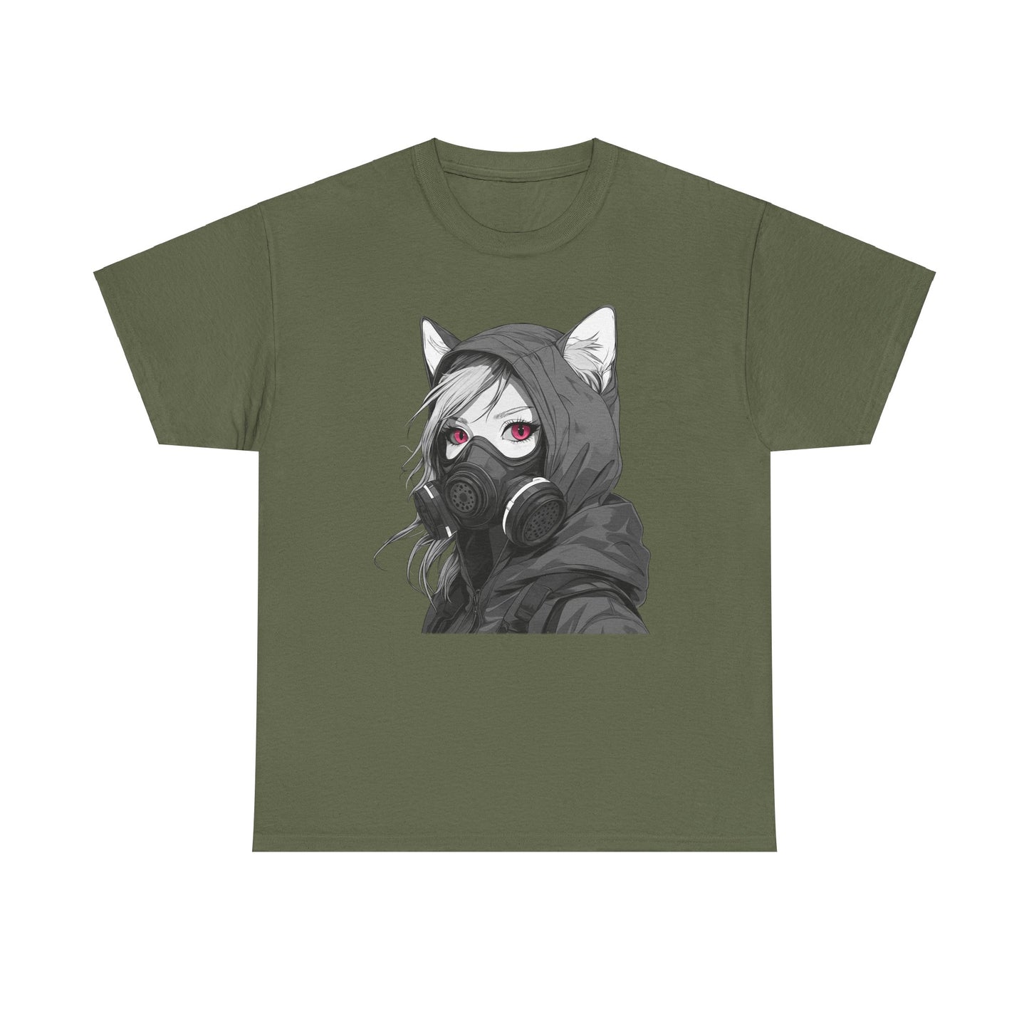 Futuristisches Anime Girl mit Gasmaske T-Shirt / Schwarzes Unisex Streetwear Shirt, Katzengirl Design, Geschenk für Anime- und Sci-Fi-Fans