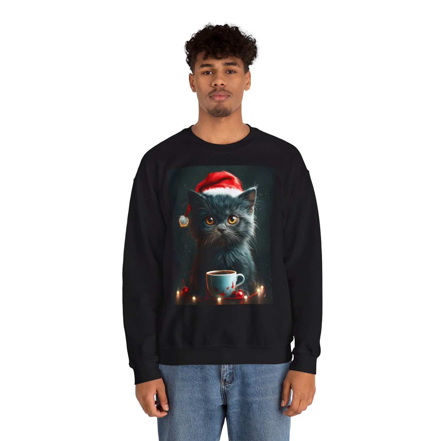 Cute Black X-Mas Kitten Design Crewneck Sweatshirt