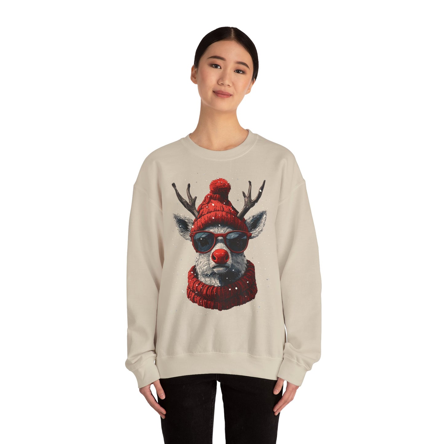Rudolf Reindeer Sweatshirt — Red Hat & Glasses Holiday Crewneck
