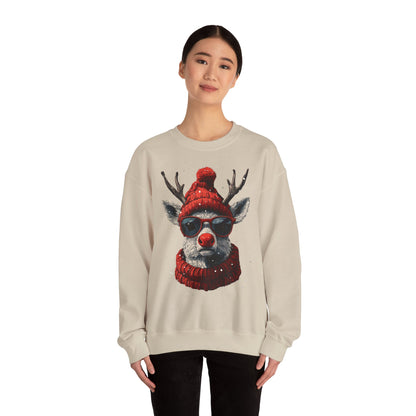 Rudolf Reindeer Sweatshirt — Red Hat & Glasses Holiday Crewneck