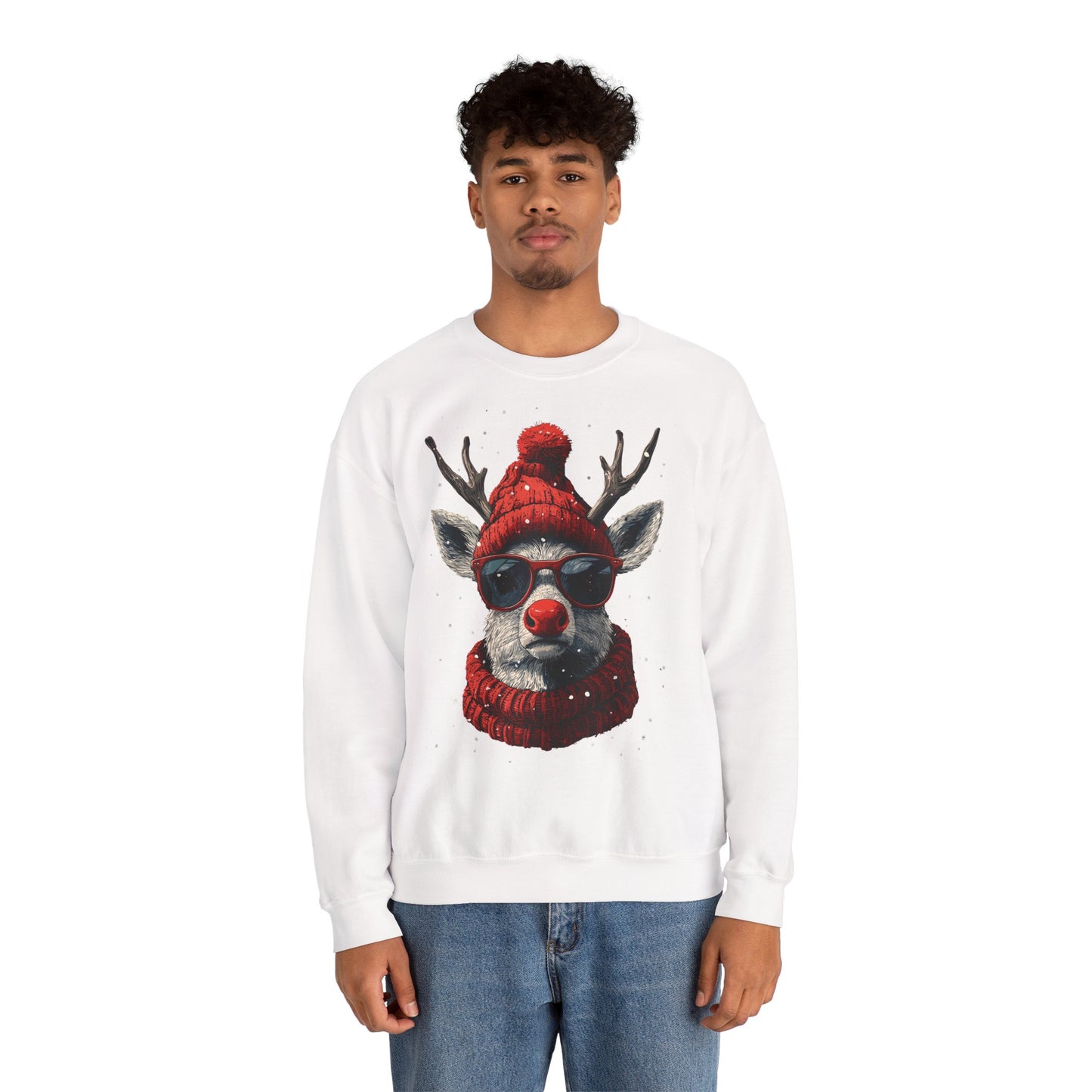 Rudolf Reindeer Sweatshirt — Red Hat & Glasses Holiday Crewneck