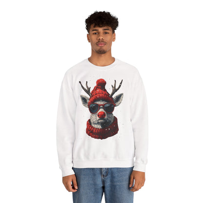Rudolf Reindeer Sweatshirt — Red Hat & Glasses Holiday Crewneck