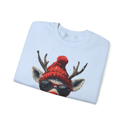 Rudolf Reindeer Sweatshirt — Red Hat & Glasses Holiday Crewneck