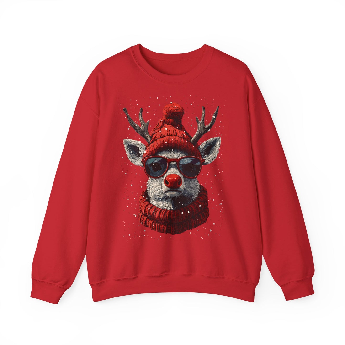 Rudolf Reindeer Sweatshirt — Red Hat & Glasses Holiday Crewneck