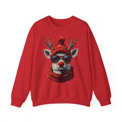 Rudolf Reindeer Sweatshirt — Red Hat & Glasses Holiday Crewneck
