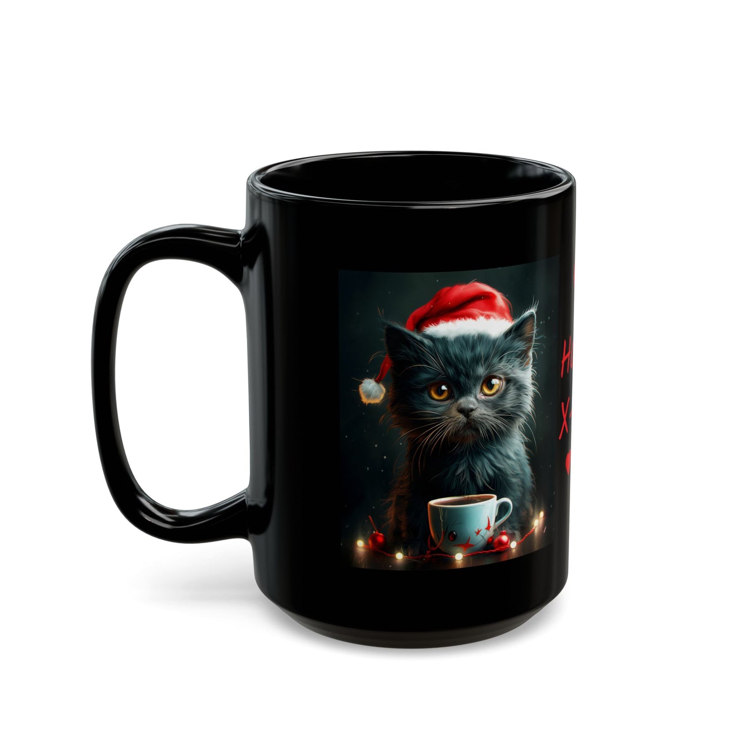 Cute Black X-Mas Kitten Design Black Mug (11oz, 15oz)