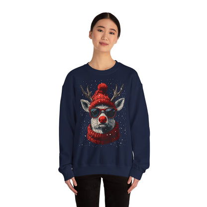 Rudolf Reindeer Sweatshirt — Red Hat & Glasses Holiday Crewneck