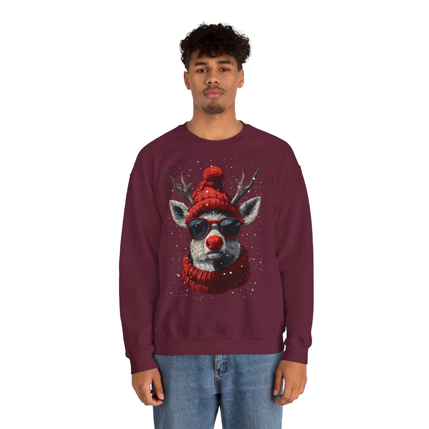Rudolf Reindeer Sweatshirt — Red Hat & Glasses Holiday Crewneck