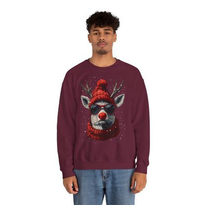 Rudolf Reindeer Sweatshirt — Red Hat & Glasses Holiday Crewneck