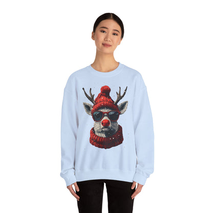 Rudolf Reindeer Sweatshirt — Red Hat & Glasses Holiday Crewneck