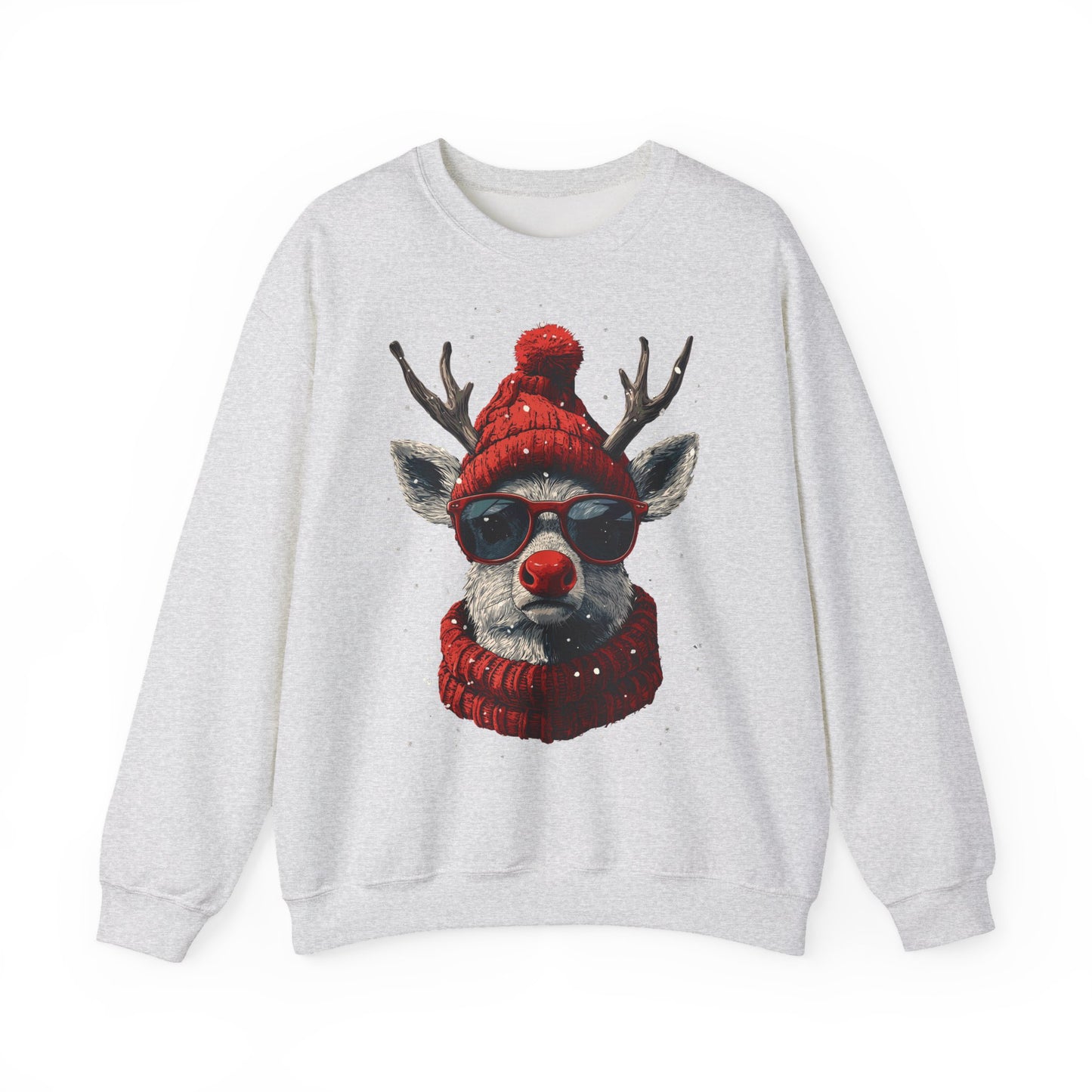 Rudolf Reindeer Sweatshirt — Red Hat & Glasses Holiday Crewneck
