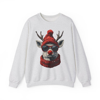 Rudolf Reindeer Sweatshirt — Red Hat & Glasses Holiday Crewneck