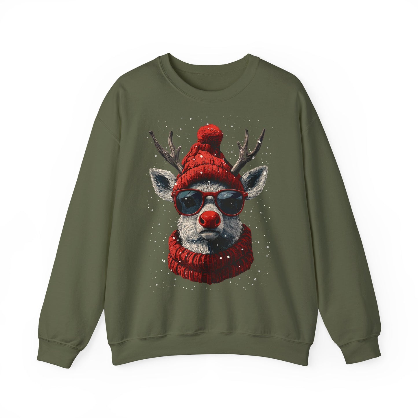 Rudolf Reindeer Sweatshirt — Red Hat & Glasses Holiday Crewneck