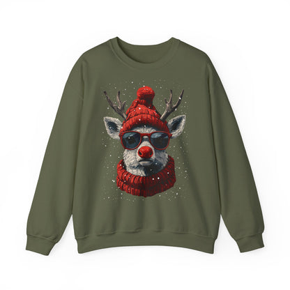 Rudolf Reindeer Sweatshirt — Red Hat & Glasses Holiday Crewneck