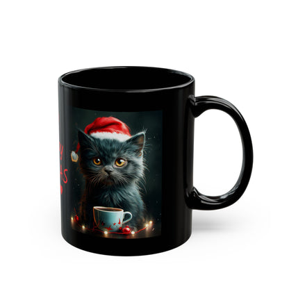 Cute Black X-Mas Kitten Design Black Mug (11oz, 15oz)