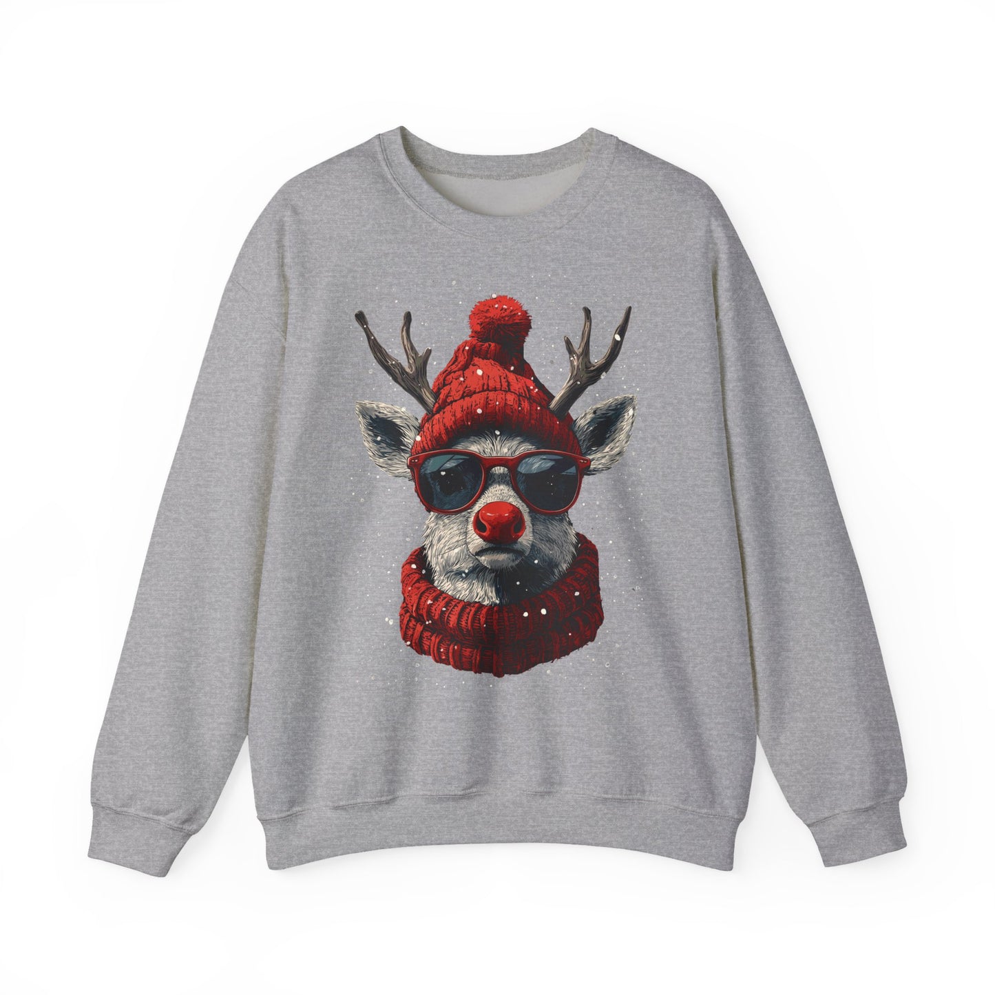 Rudolf Reindeer Sweatshirt — Red Hat & Glasses Holiday Crewneck