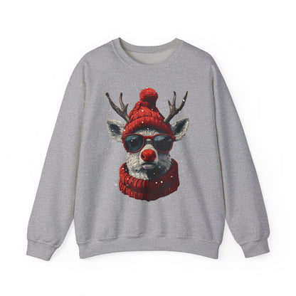 Rudolf Reindeer Sweatshirt — Red Hat & Glasses Holiday Crewneck