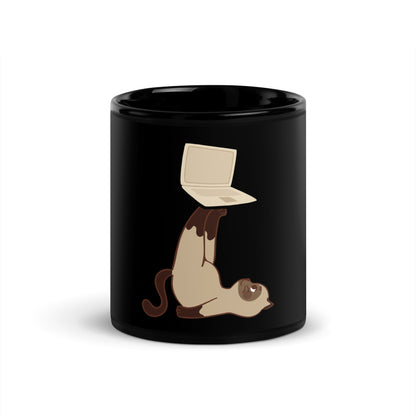Black glossy mug cat with laptop
