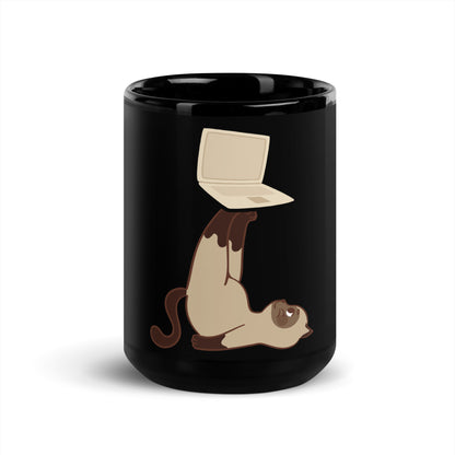 Black glossy mug cat with laptop