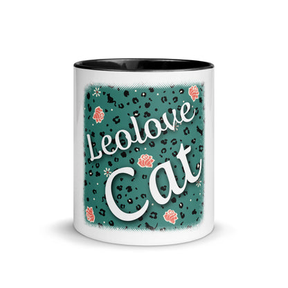 Mug with colored inside leopard design "Leo Love Cat"