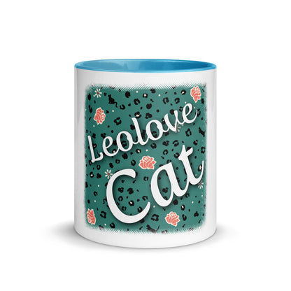Mug with colored inside leopard design "Leo Love Cat"