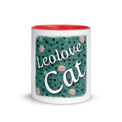 Mug with colored inside leopard design "Leo Love Cat"