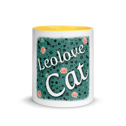 Mug with colored inside leopard design "Leo Love Cat"