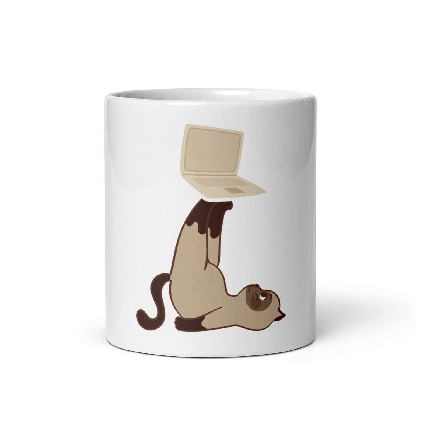 White glossy mug cat with laptop