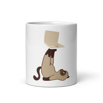 White glossy mug cat with laptop
