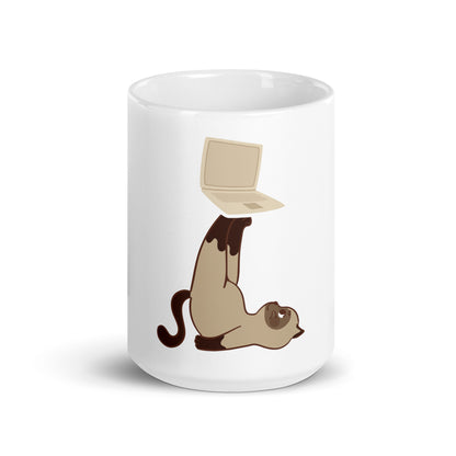 White glossy mug cat with laptop