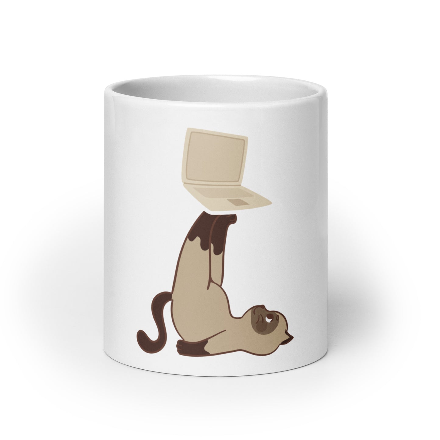 White glossy mug cat with laptop